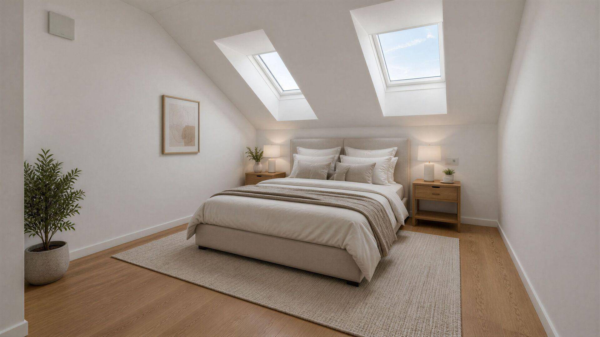 Visualisierung eines hellen Schlafzimmers mit Dachfenstern, Holzboden und modernem Bett.