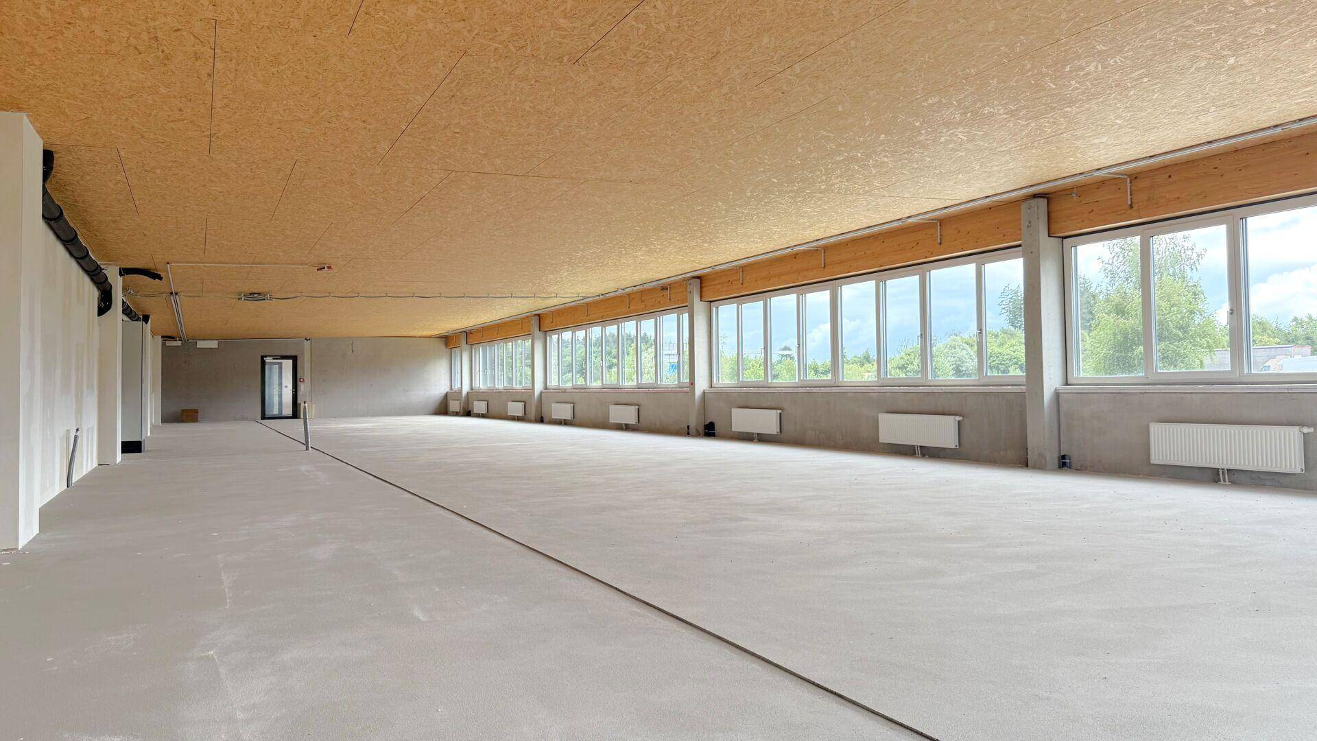 Heller Gewerberaum mit durchgehender Fensterfront, Betonboden und sichtbarer Holzkonstruktion an der Decke.