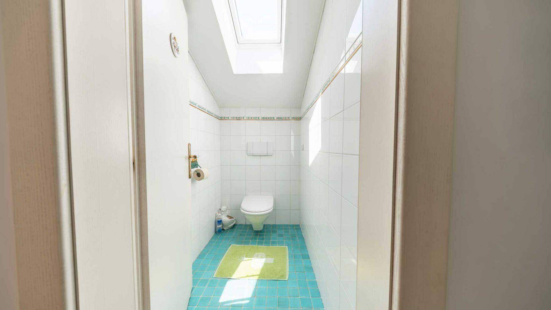 Kleines Gäste-WC mit Dachfenster, hellen Fliesen und einem farbigen Akzent auf dem Boden.