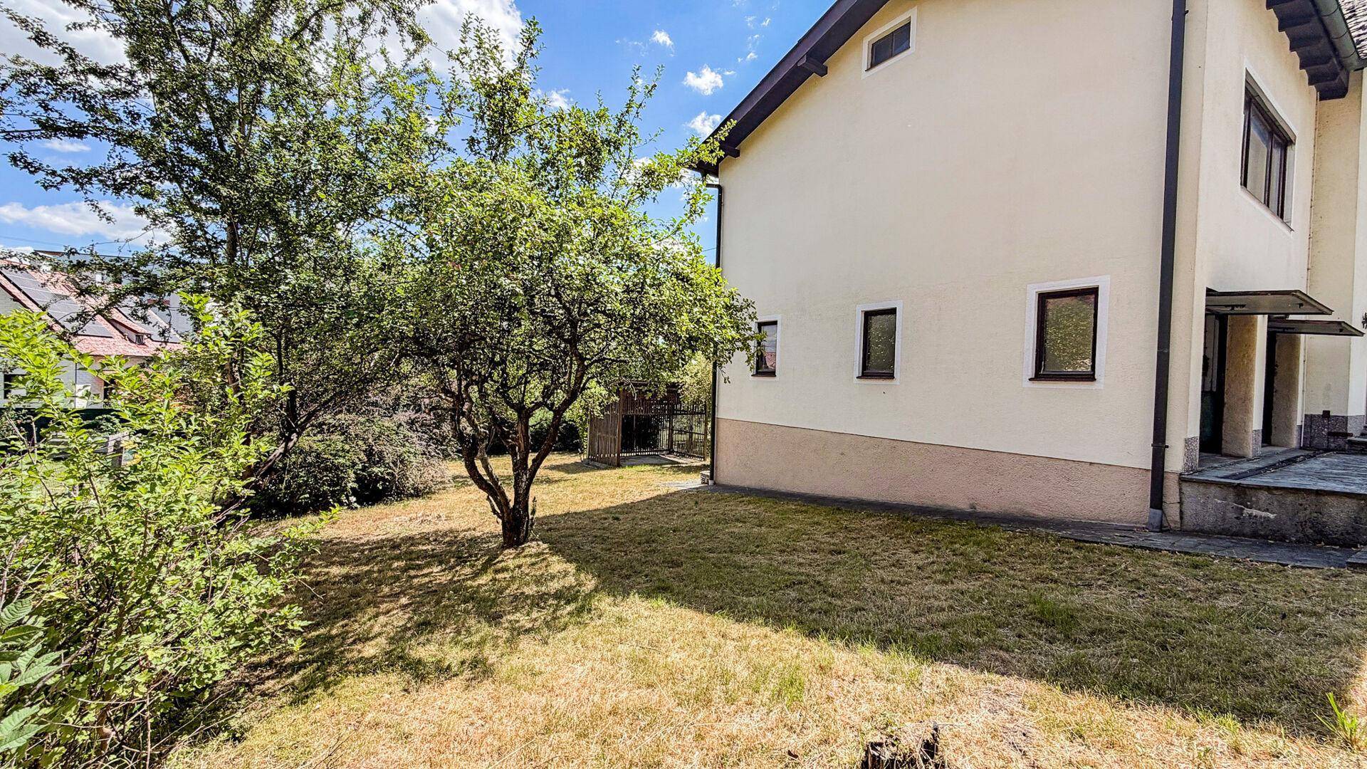 Seitenansicht des Hauses mit Rasenfläche und einem Baum im Vordergrund unter blauem Himmel.