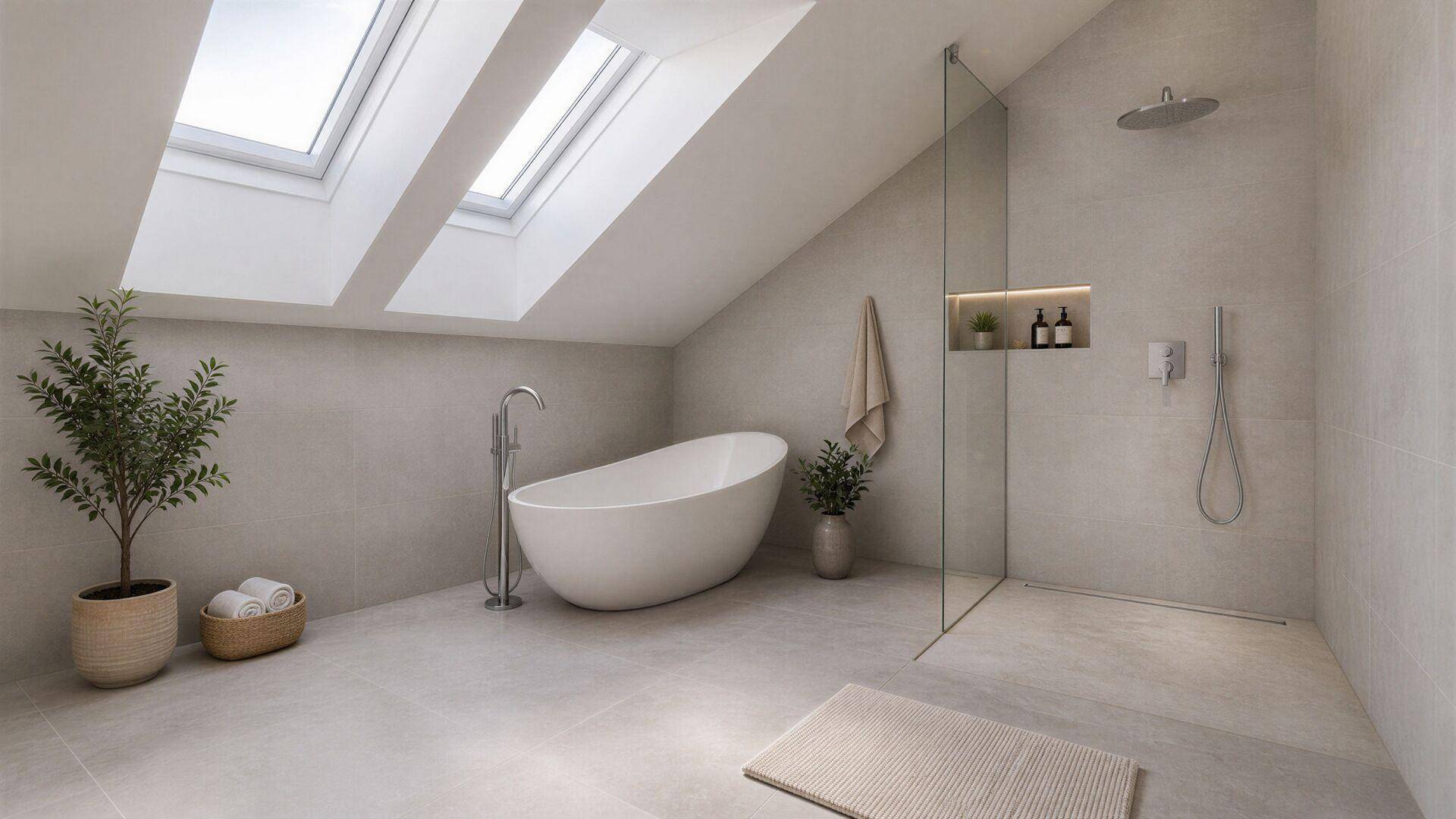 Visualisierung eines modernen Badezimmers mit freistehender Badewanne, Regendusche und Dachfenstern.