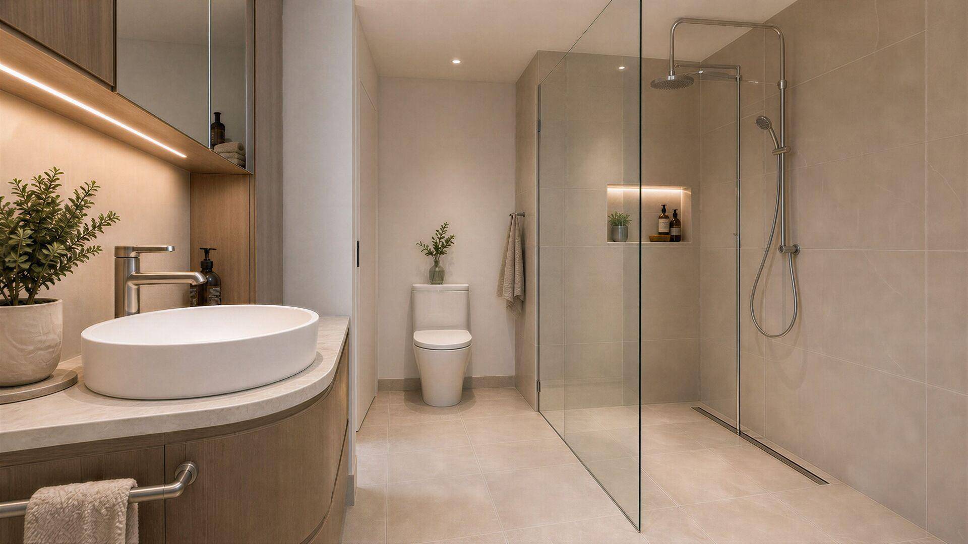 Modernes Badezimmer mit begehbarer Dusche, elegantem Waschtisch und neutralen Fliesen in heller Farbgebung.