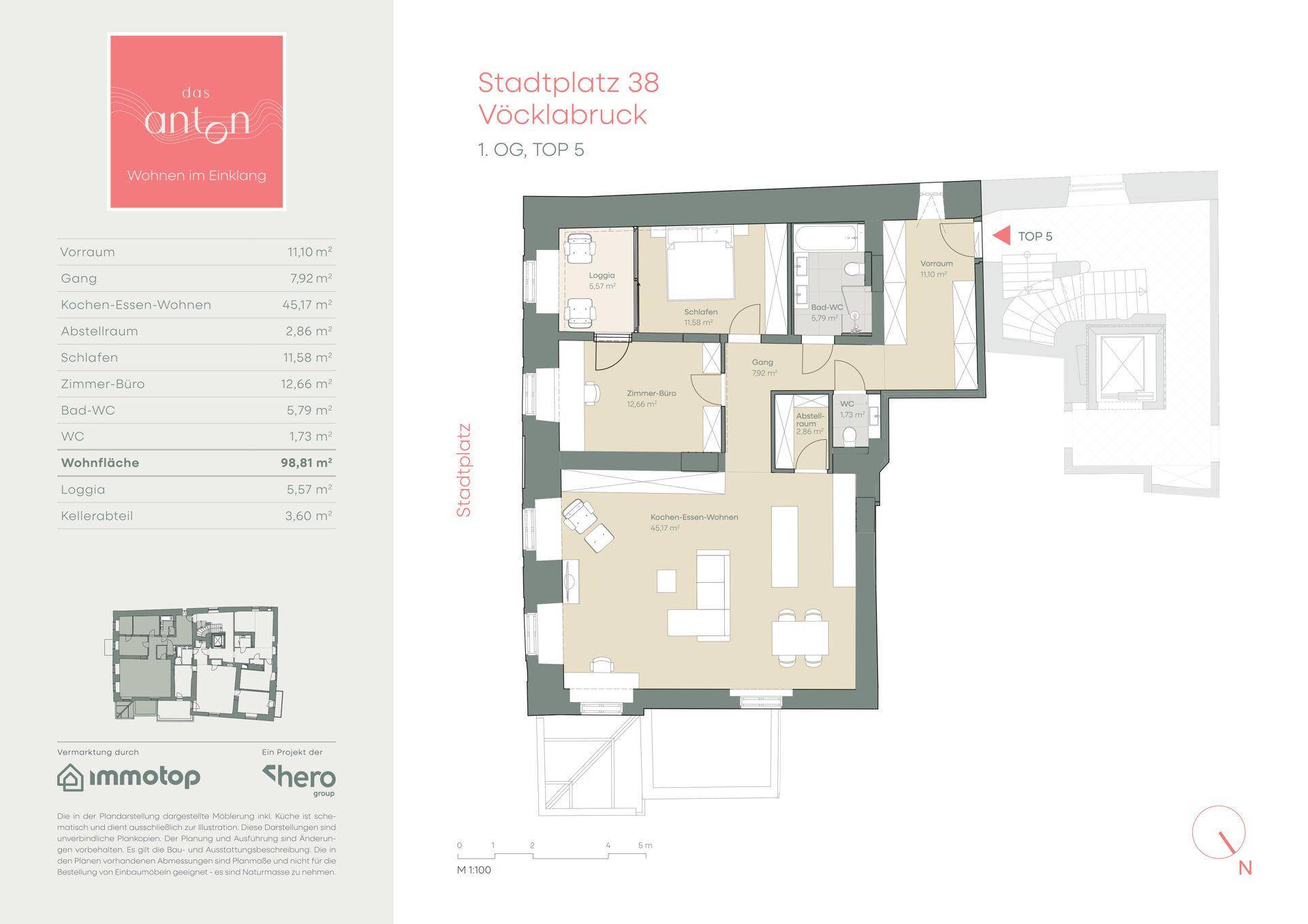 Detaillierter Grundriss der Wohnung Top 5 mit Wohn-Essbereich, Schlafzimmern und Loggia.