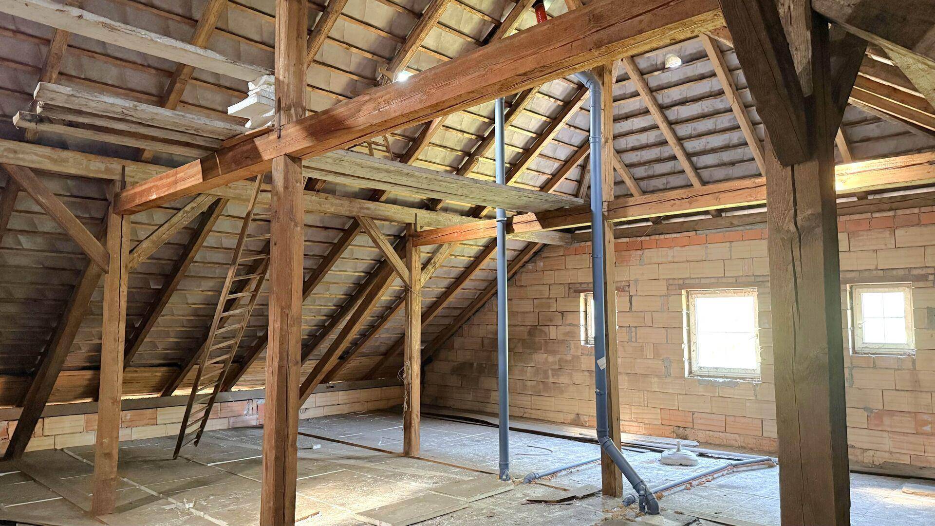 Unausgebauter Dachboden mit sichtbarer Holzkonstruktion und Fenstern.