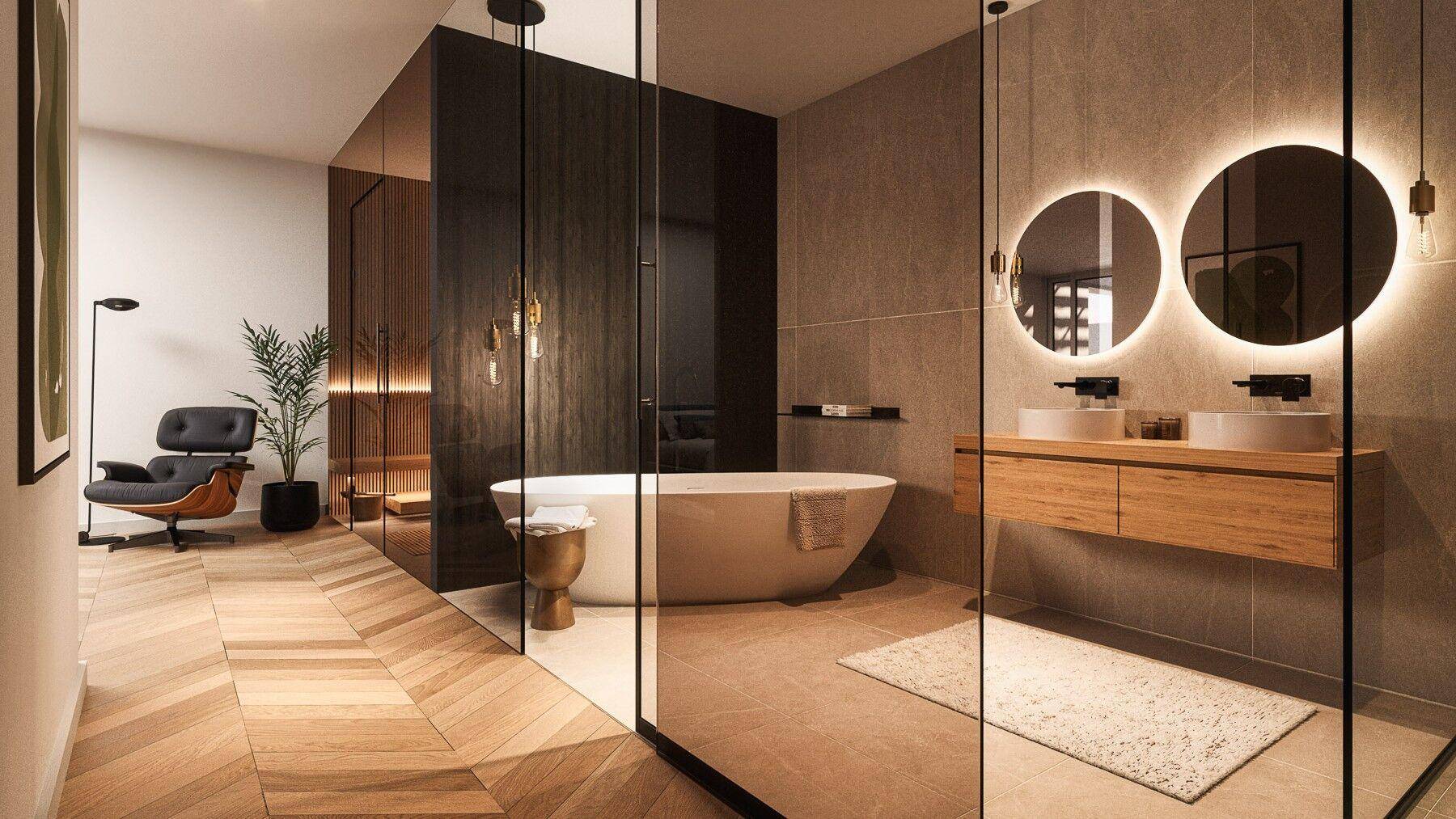 Luxuriöses Badezimmer mit freistehender Badewanne, Doppelwaschbecken und Holzboden.