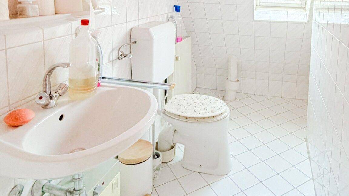 Kleines WC mit weiß gefliesten Wänden und Boden, ausgestattet mit Toilette und Waschbecken.