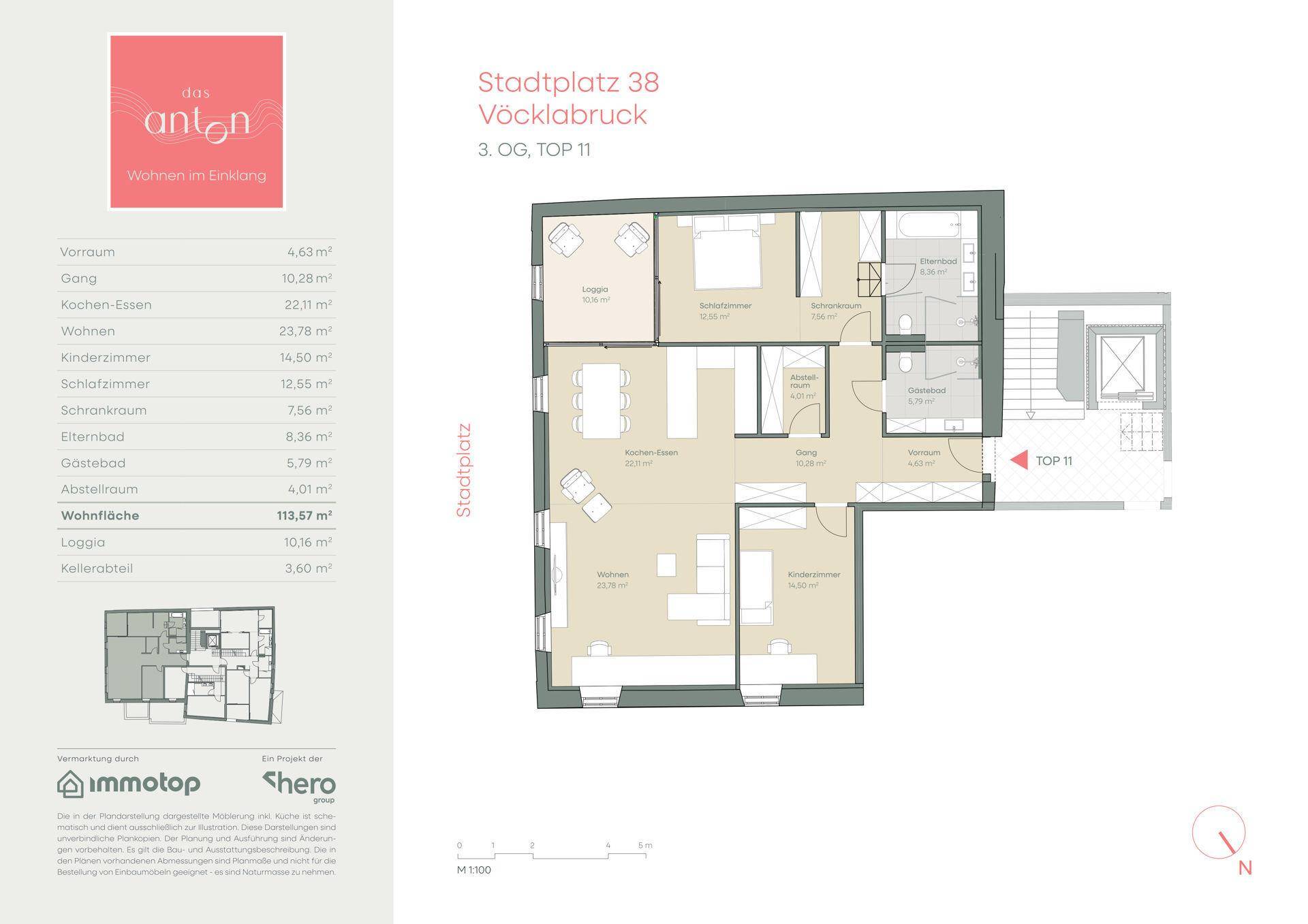 Detaillierter Grundriss der Wohnung Top 11 mit Raumaufteilung und Flächenangaben.