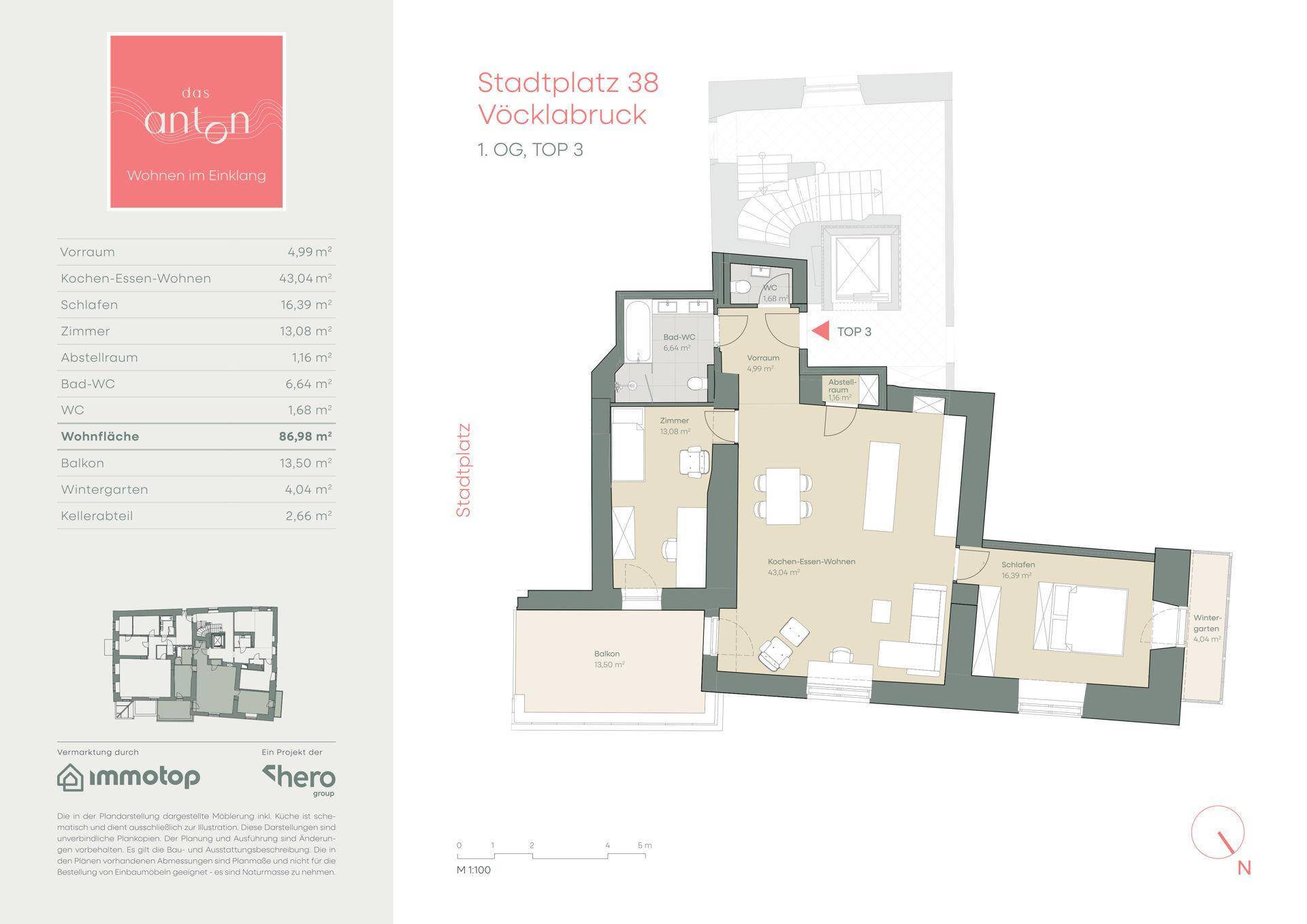 Grundriss der Wohnung Top 3 mit offenem Wohn-Essbereich, Balkon und Wintergarten.