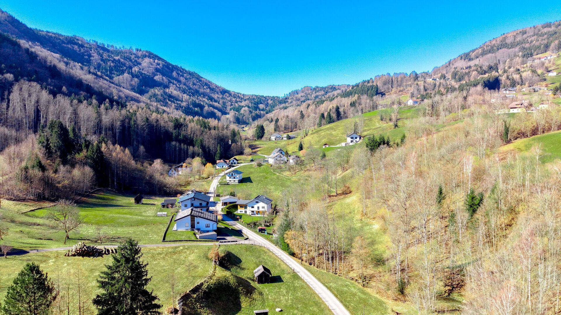 Weitläufige Luftaufnahme eines grünen Tals mit verstreuten Häusern und bewaldeten Hängen unter blauem Himmel.