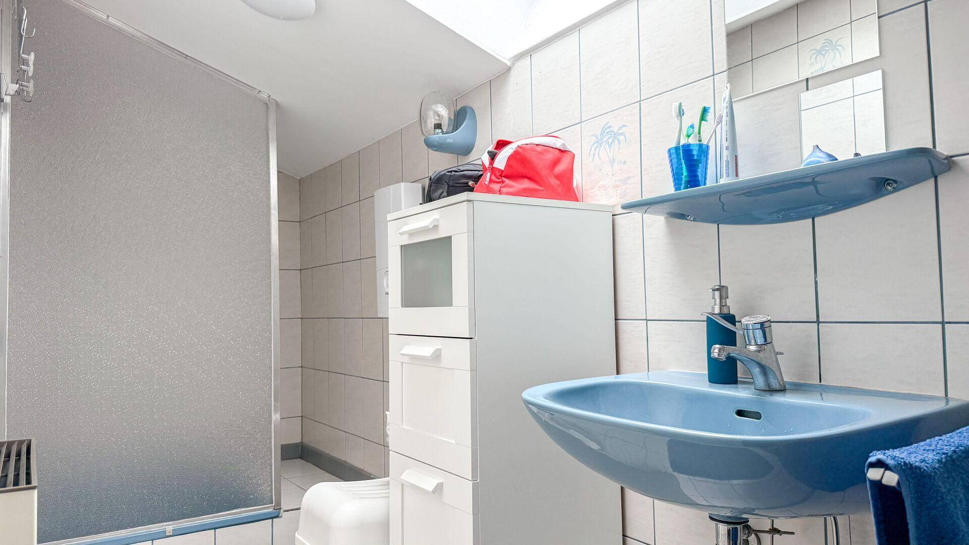 Badezimmer mit blauer Keramik, Duschkabine und Dachfenster für natürliches Licht.