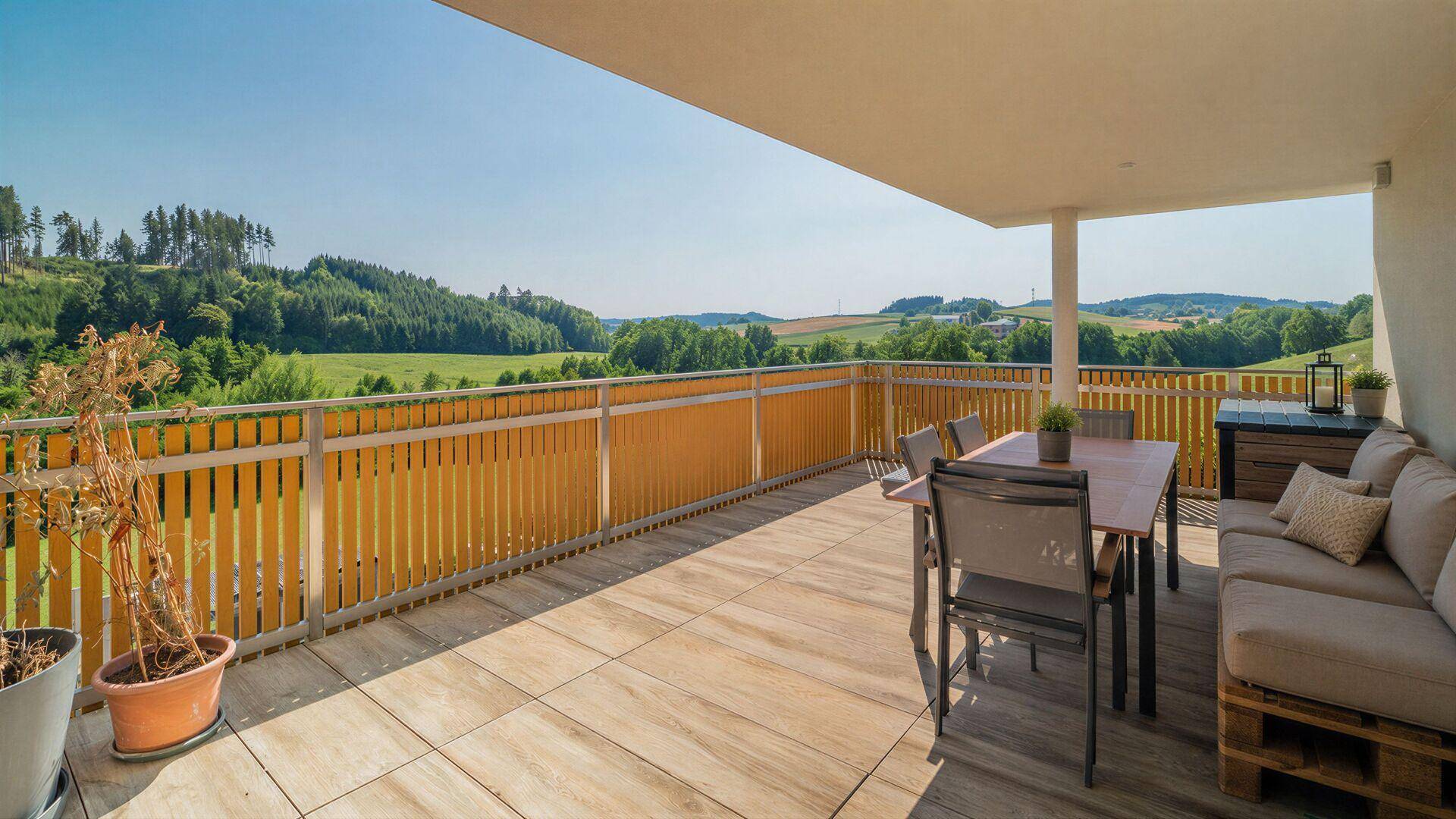 Großer Balkon mit Fliesenboden, Esstisch und Lounge-Möbeln, bietet einen weiten Landschaftsblick.