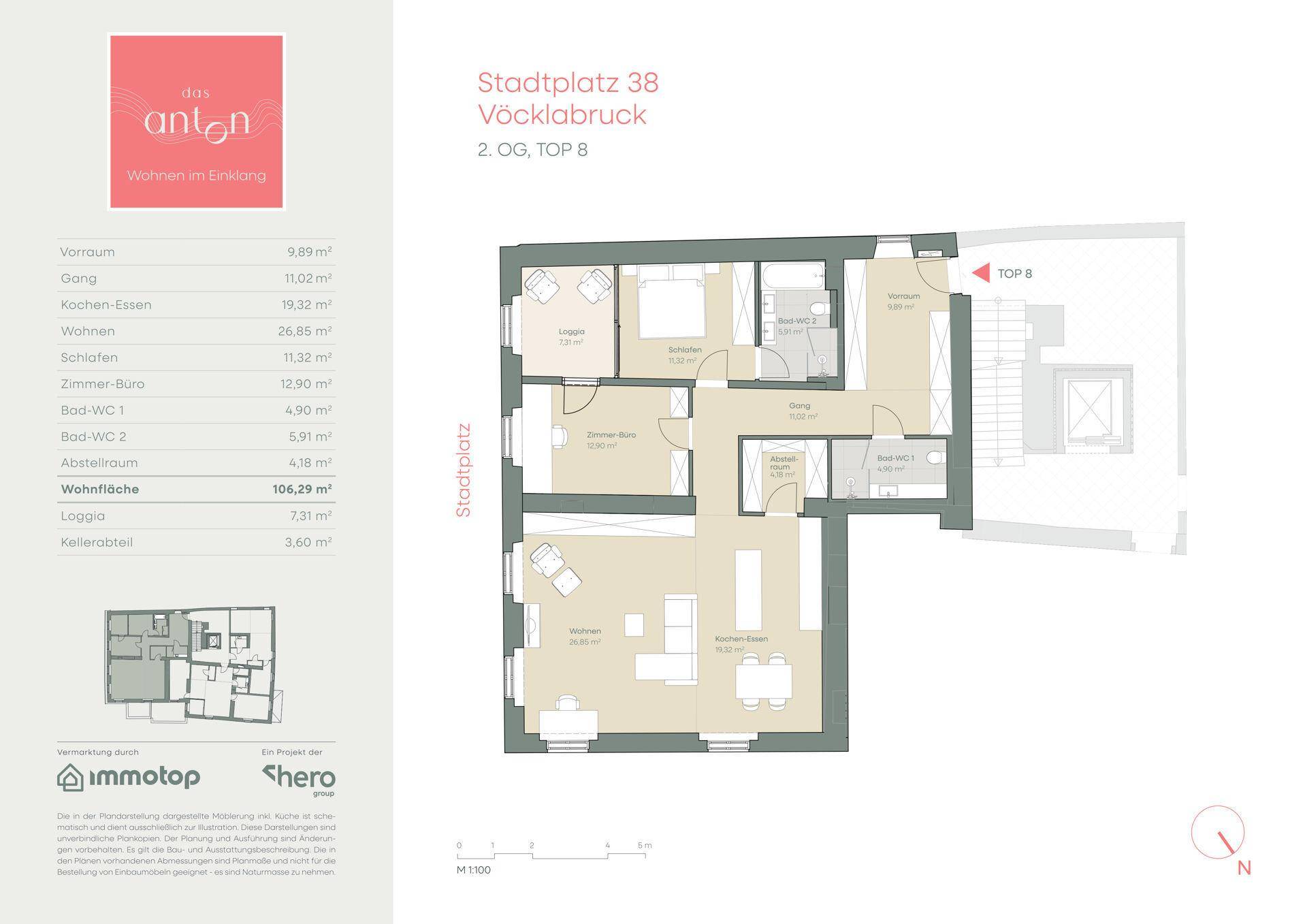 Grundriss der Wohnung Top B im 2. Obergeschoss mit Loggia und drei Schlafzimmern.