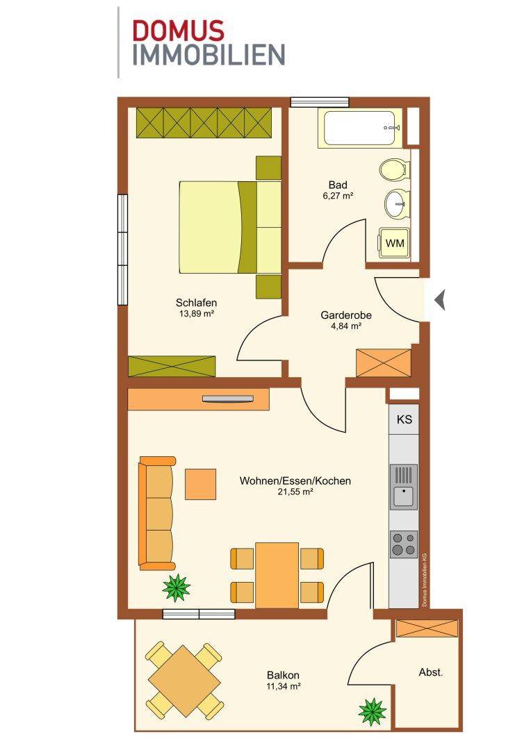 Detaillierter Grundriss einer Wohnung mit offenem Wohnbereich und Balkon.