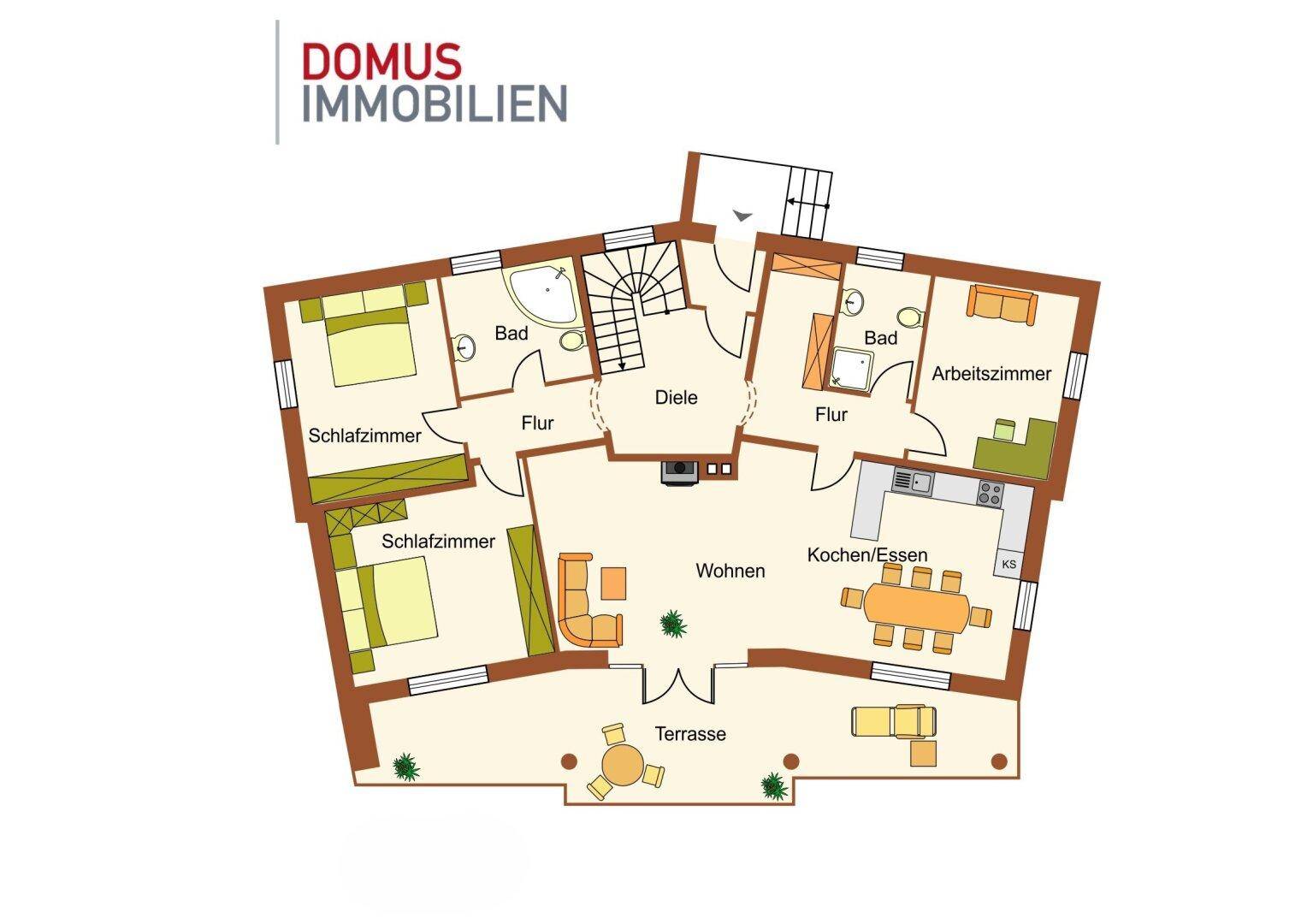 Detaillierter Grundriss des Erdgeschosses mit Wohn-, Schlaf- und Essbereichen sowie Terrasse.