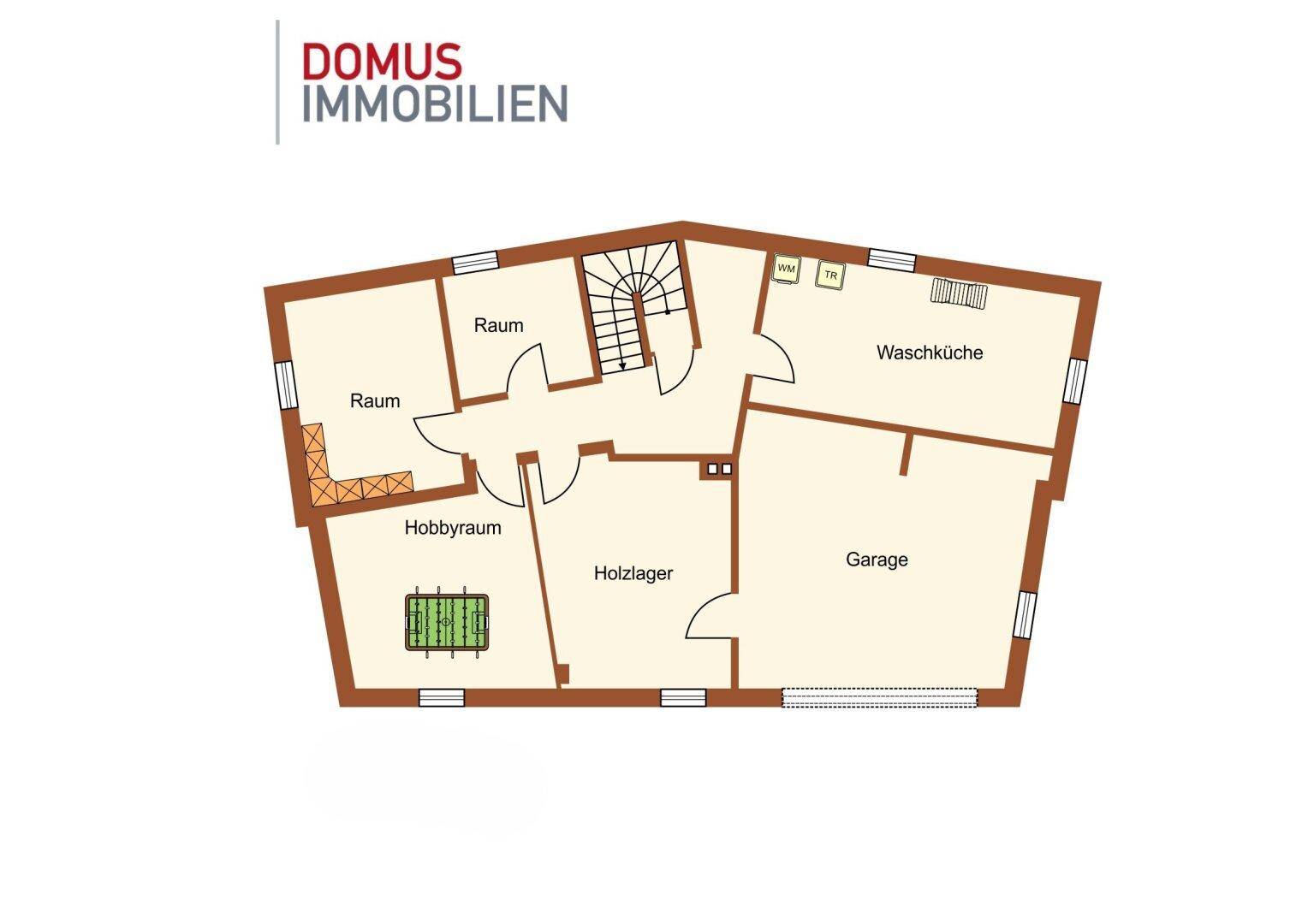 Grundriss des Untergeschosses mit Hobbyraum, Waschküche, Holzlagern und Garage.