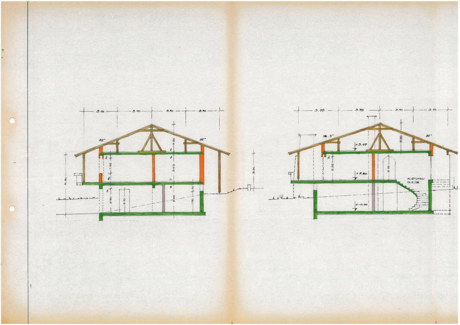 Architektonische Querschnitte des Gebäudes, die die Dachkonstruktion und die Geschosse zeigen.