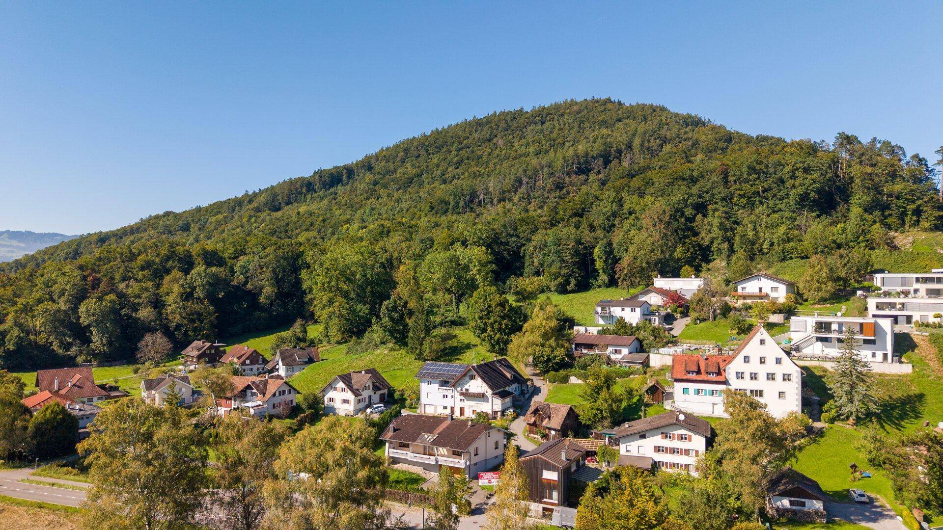 Malerische Wohnsiedlung am Hang, umgeben von grünen Wäldern und Bergen im Hintergrund.