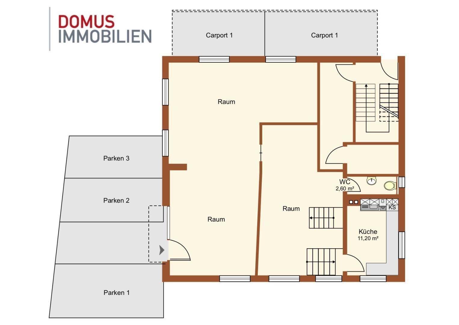 Grundriss des Erdgeschosses mit mehreren Räumen, einer Küche, WC und drei Parkplätzen.