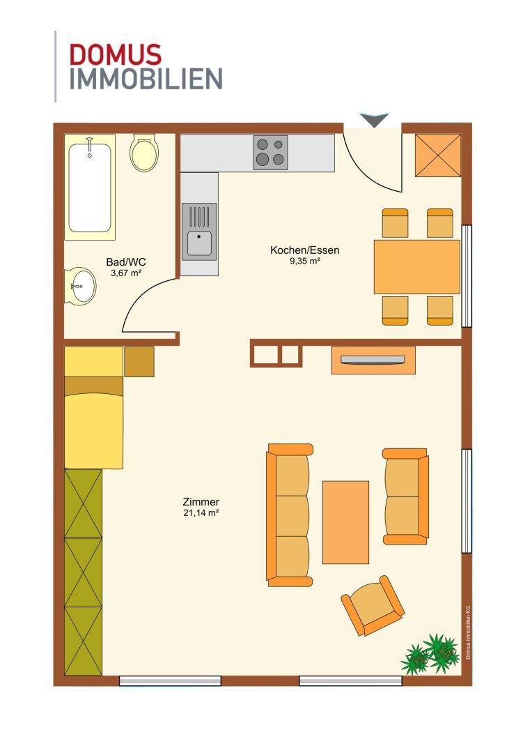 Funktionaler Grundriss einer 1-Zimmer-Wohnung mit separater Küche, Bad und kleinem Außenbereich.