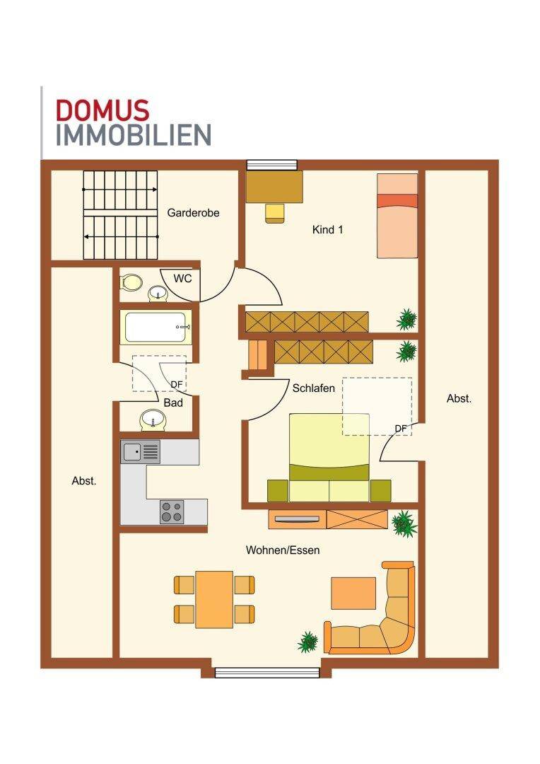 Geräumiger Grundriss einer Maisonette-Wohnung mit offenem Wohn-Essbereich, zwei Schlafzimmern und zwei Bädern.
