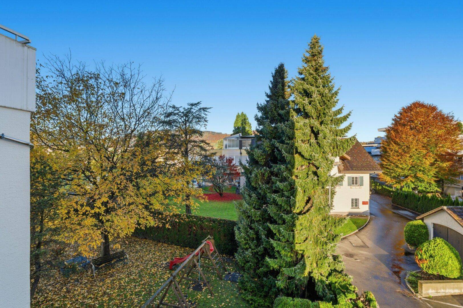 Gemeinschaftlicher Gartenbereich mit Spielplatz, hohen Bäumen und Sitzbank.