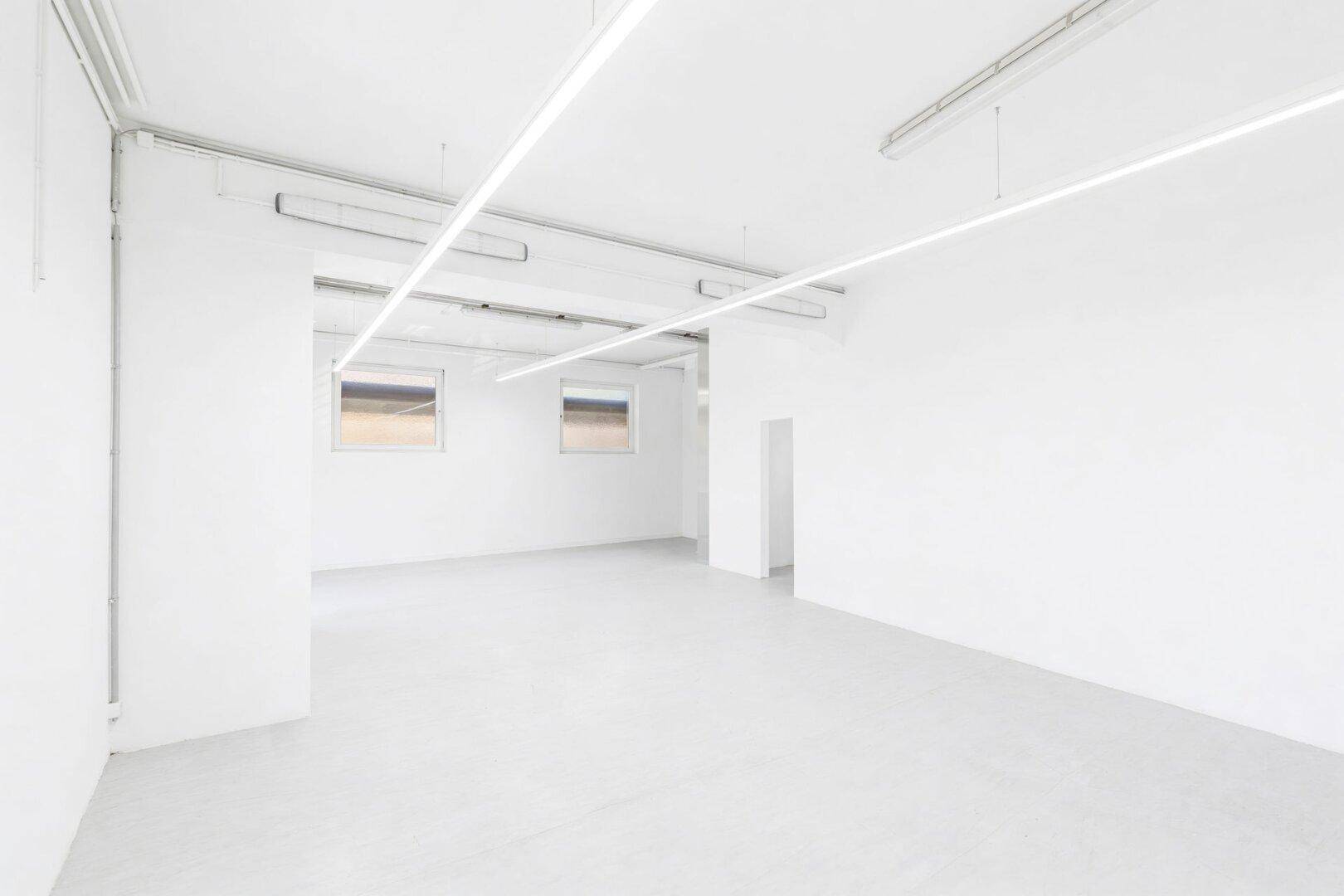 Heller, leerer Raum mit weißen Wänden, Betonboden und modernen Deckenleuchten, ideal für gewerbliche Nutzung.