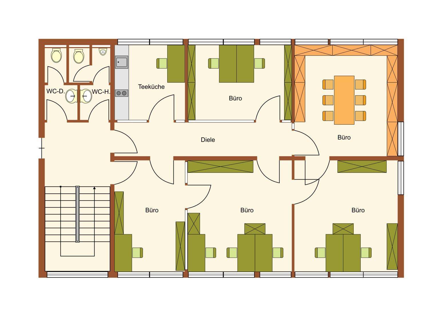 Grundrissplan mit mehreren Büroräumen, einer Teeküche und Toiletten.
