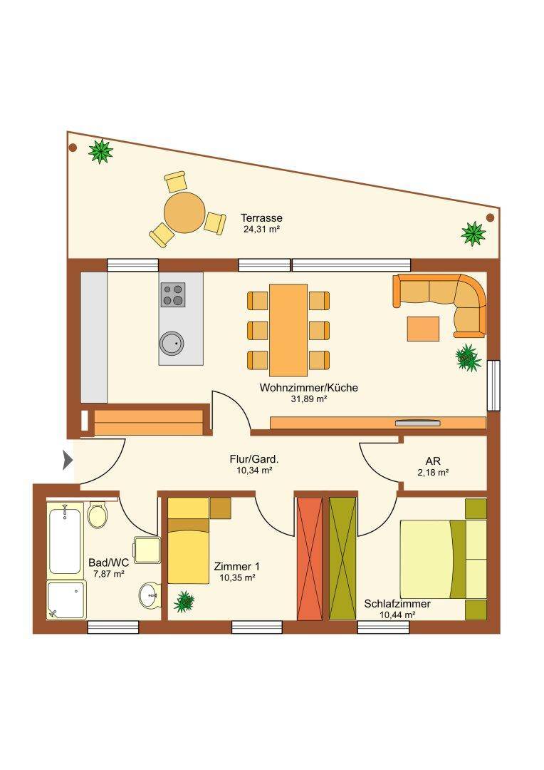 Grundriss der Wohnung mit Wohnzimmer, Küche, zwei Schlafzimmern und Terrasse.