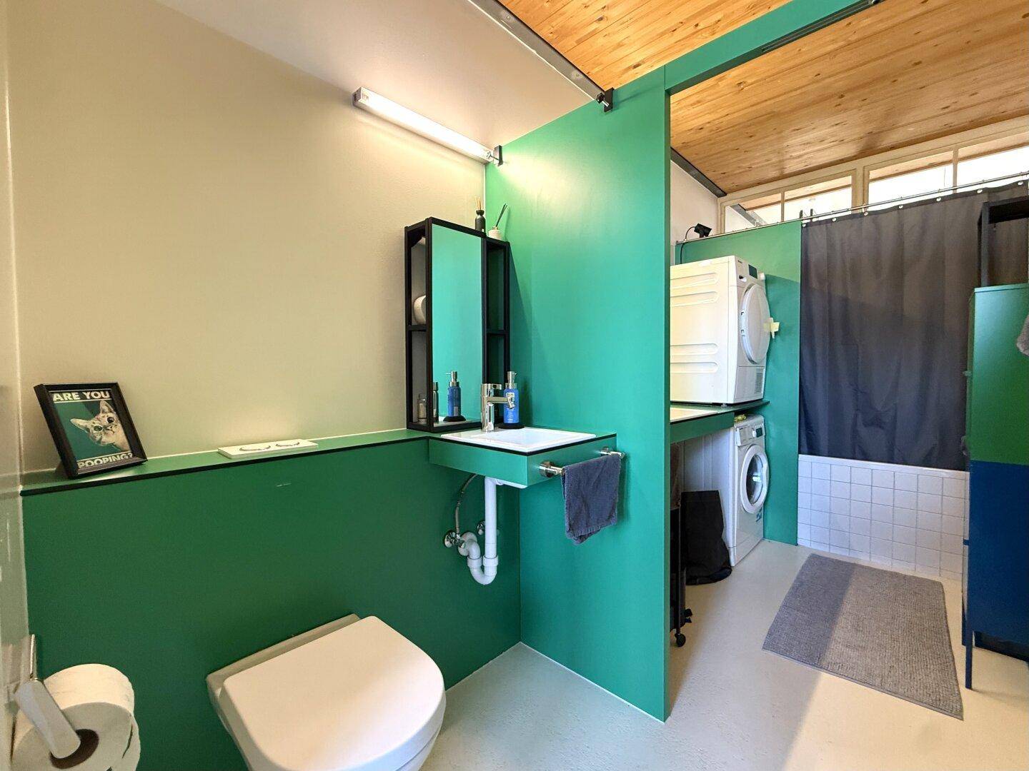 Modernes Badezimmer mit grünen Wänden, Waschmaschine, WC und Holzbalkendecke.
