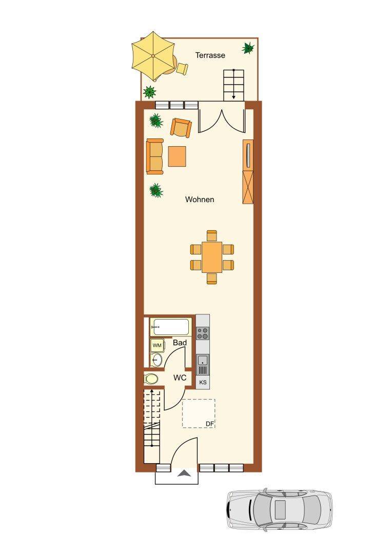 Grundriss des Erdgeschosses mit offenem Wohnbereich, Bad, WC und Terrasse.