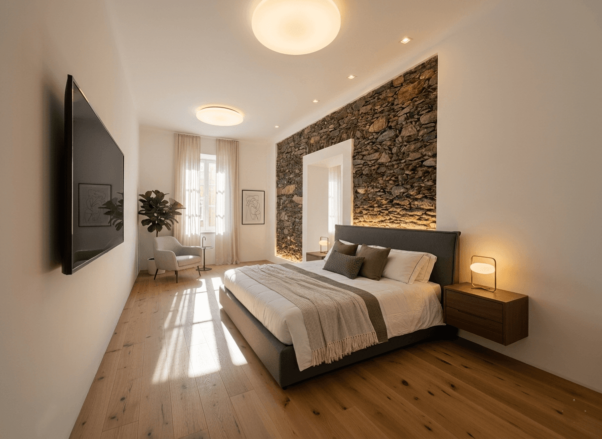 Helles Schlafzimmer mit moderner Einrichtung, Holzboden und einer markanten Natursteinwand.