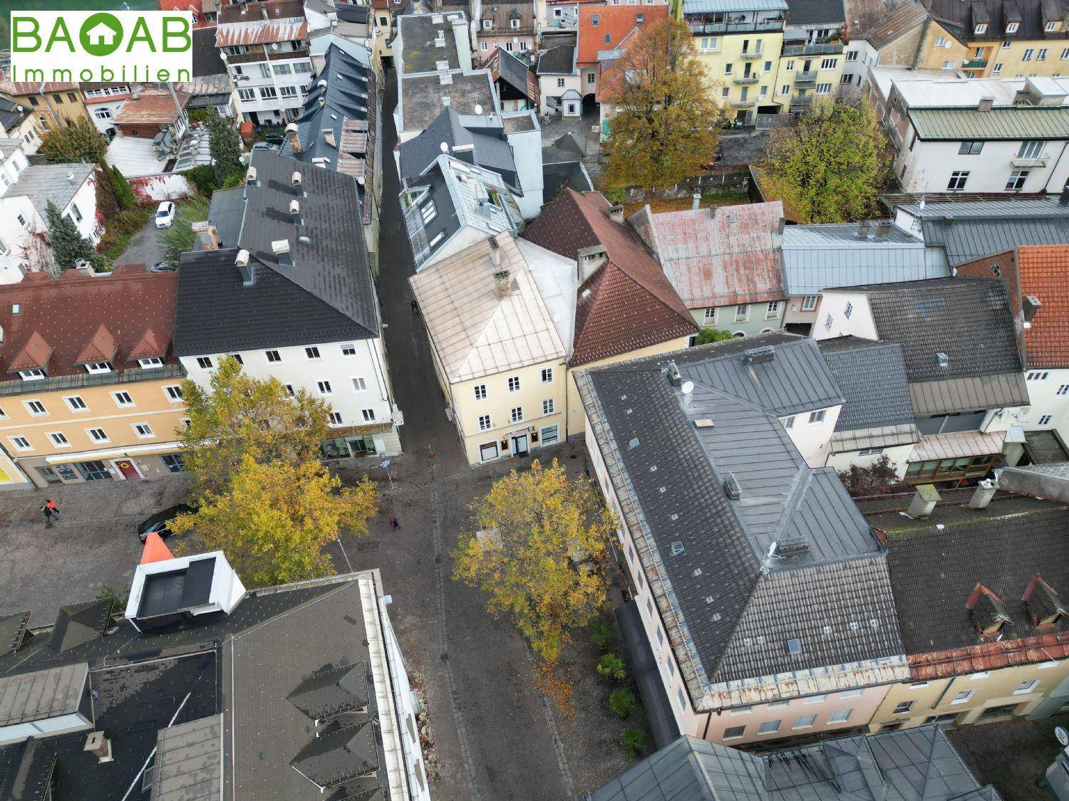 Luftaufnahme einer städtischen Gasse mit verschiedenen Dächern und herbstlichen Bäumen.