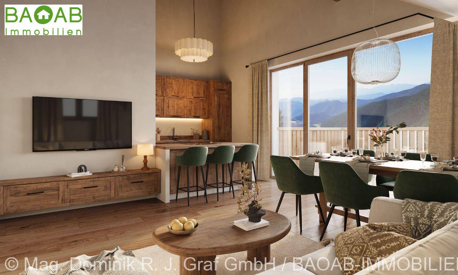Offener Wohn-Essbereich mit Holzboden, moderner Küche und Bergblick durch große Fenster.