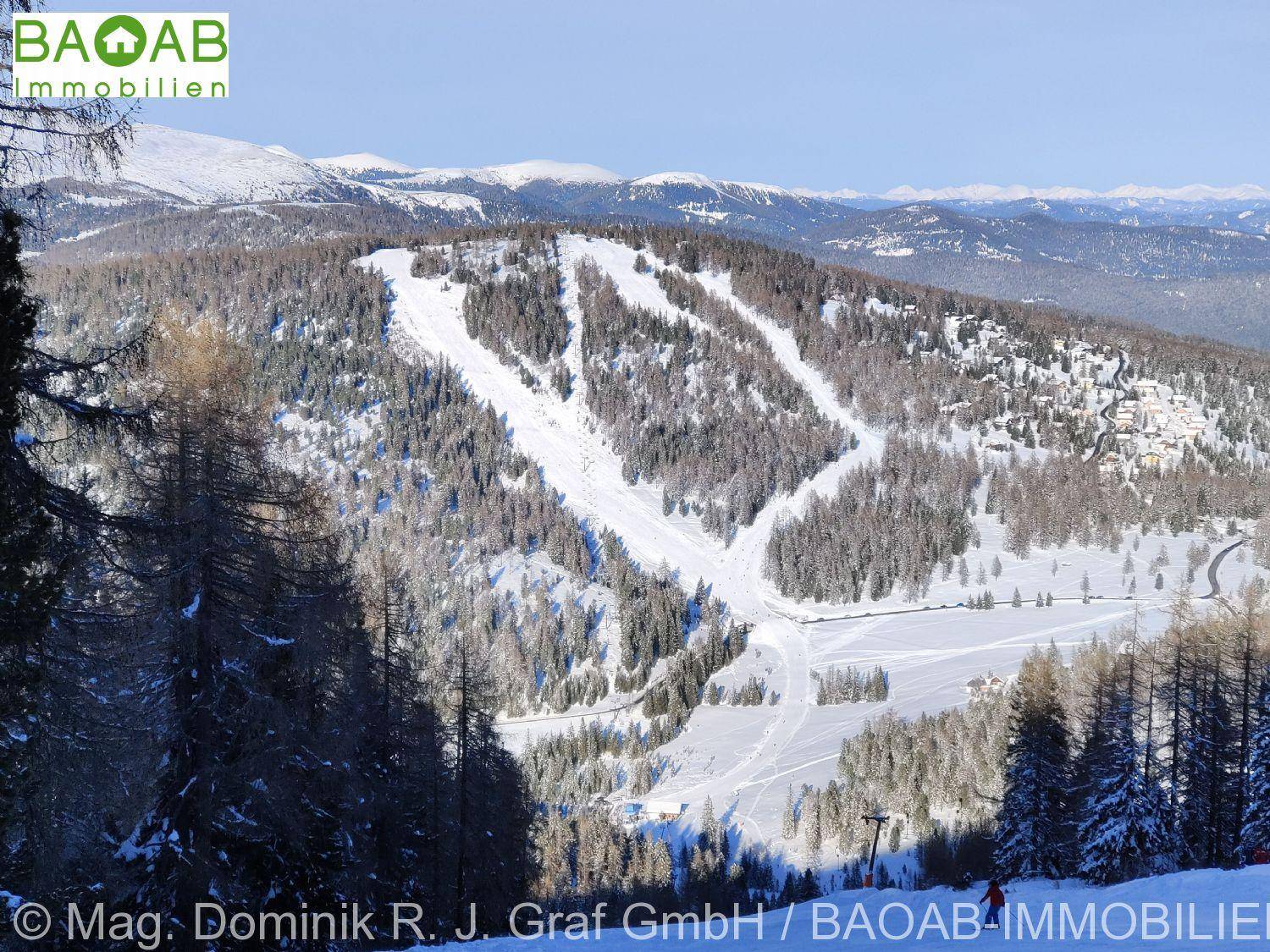Panoramablick auf ein weitläufiges Skigebiet mit verschneiten Pisten und Wäldern.