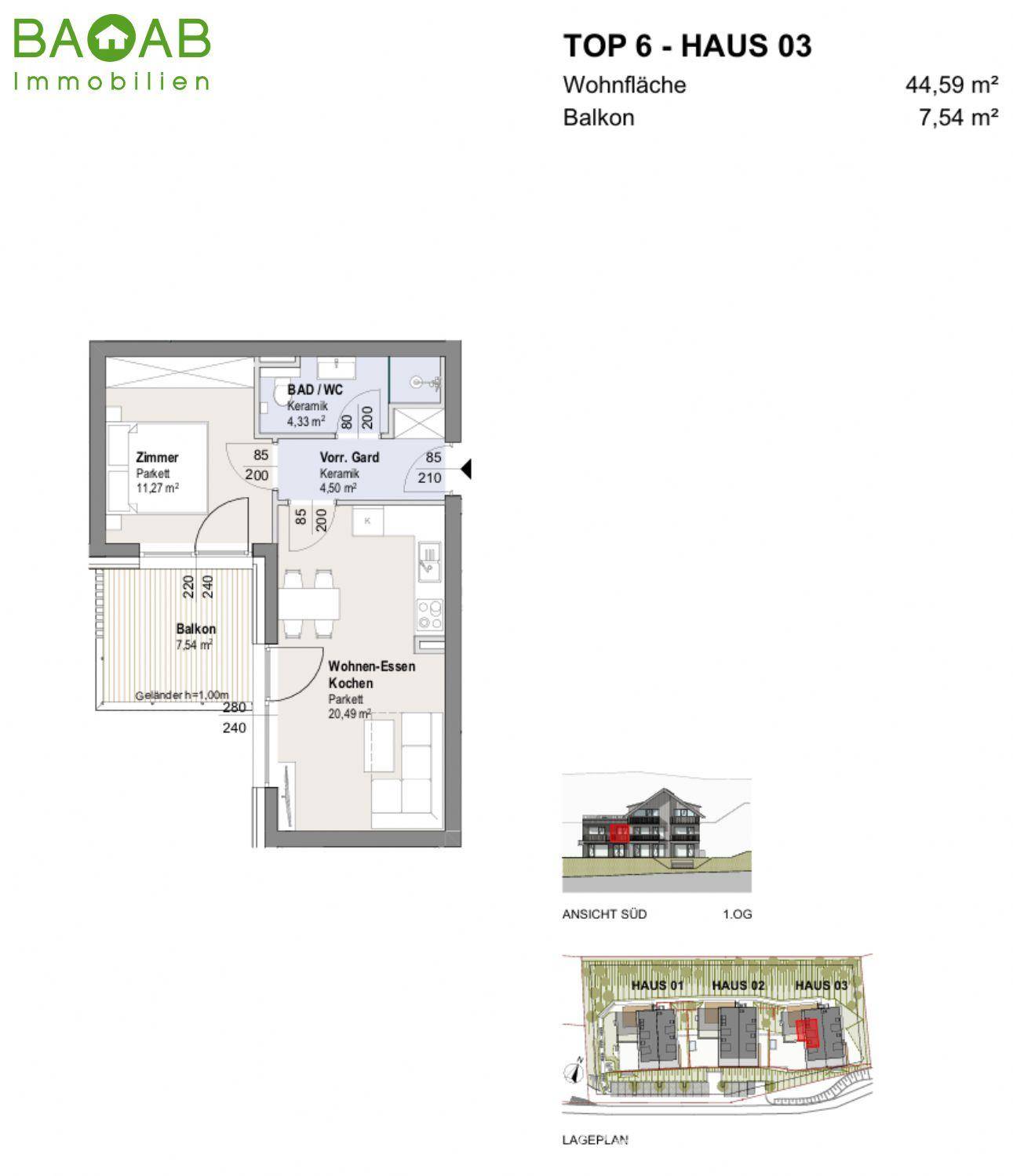 Grundriss für eine Wohnung mit einem Schlafzimmer, Bad, Wohn-Essbereich und Balkon.