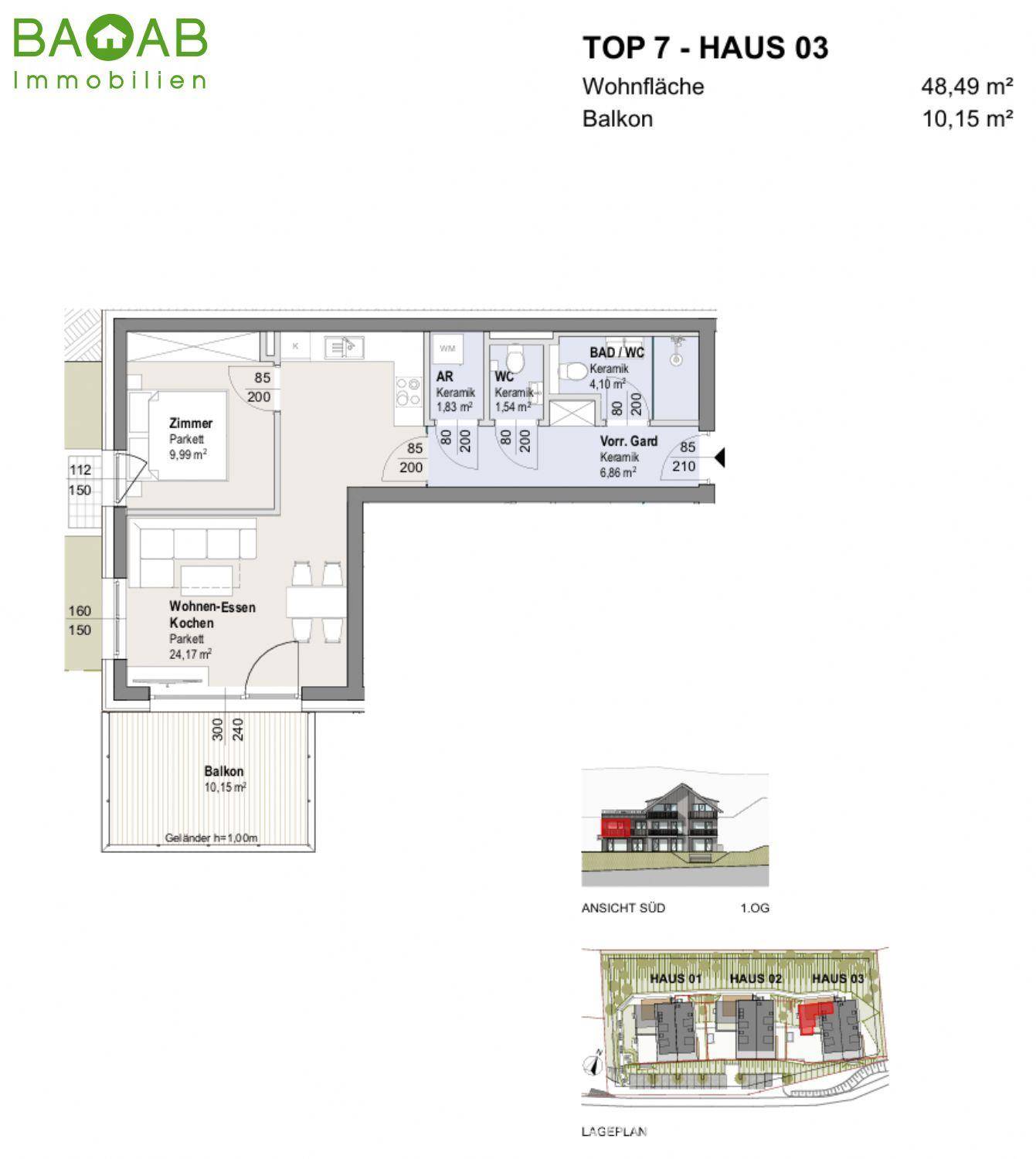 Grundriss für eine Wohnung mit einem Schlafzimmer, zwei Bädern, Wohn-Essbereich und großem Balkon.