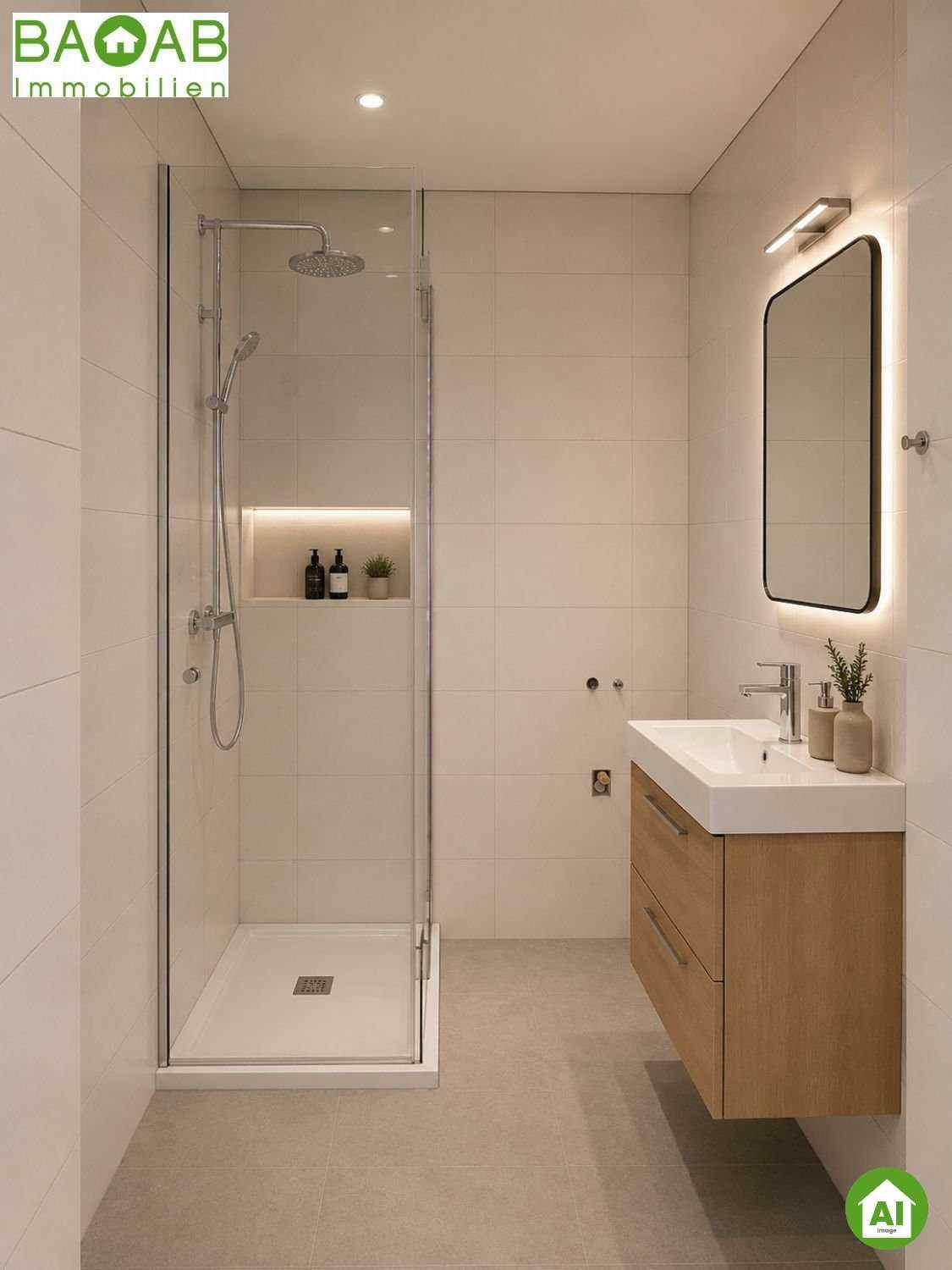 Modernes Badezimmer mit begehbarer Dusche, schwebendem Waschtisch und beleuchtetem Spiegel.