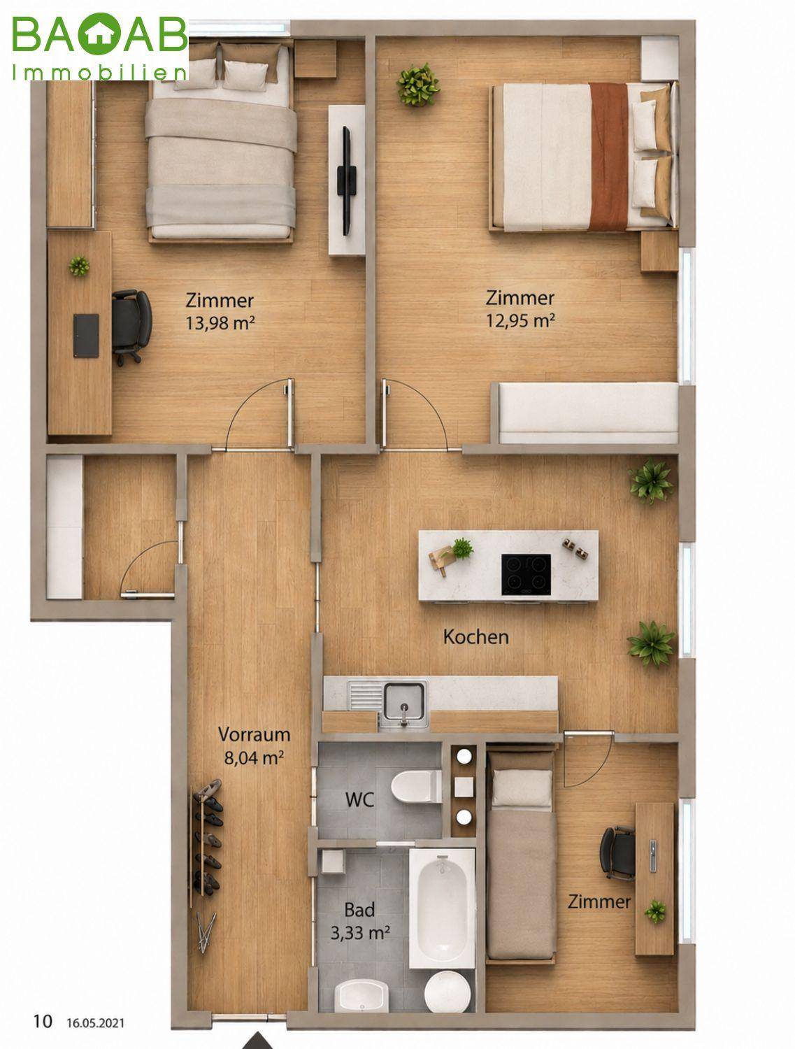 Detaillierter Grundriss einer Wohnung mit zwei Schlafzimmern, Küche und Bad.