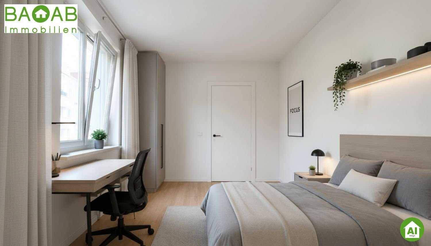 Helles Schlafzimmer mit Bett, Schreibtisch am Fenster und modernem Kleiderschrank.
