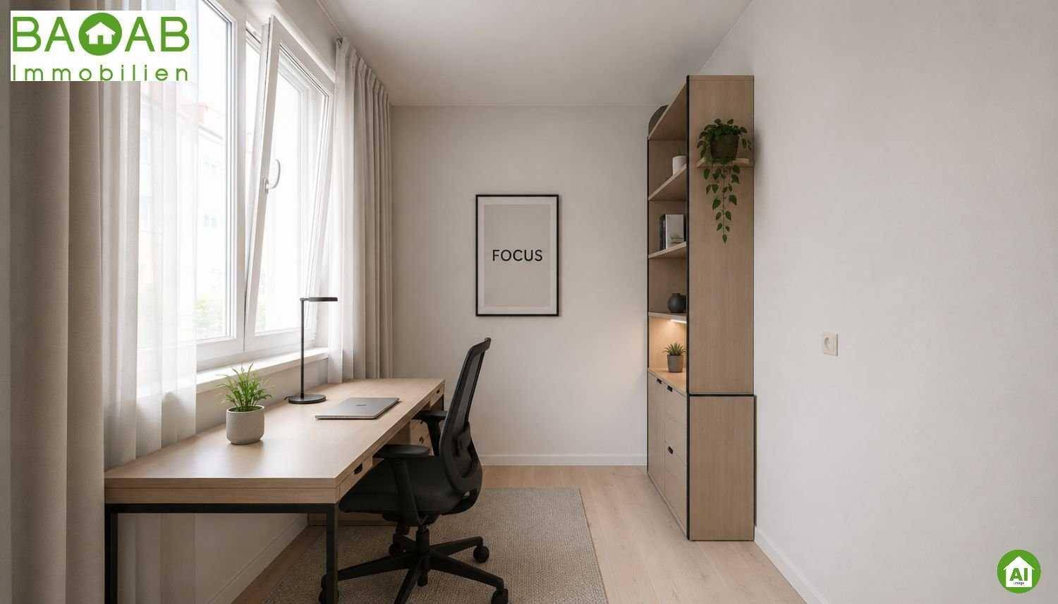 Arbeitsbereich mit Schreibtisch am Fenster, Bürostuhl und hohem Bücherregal.