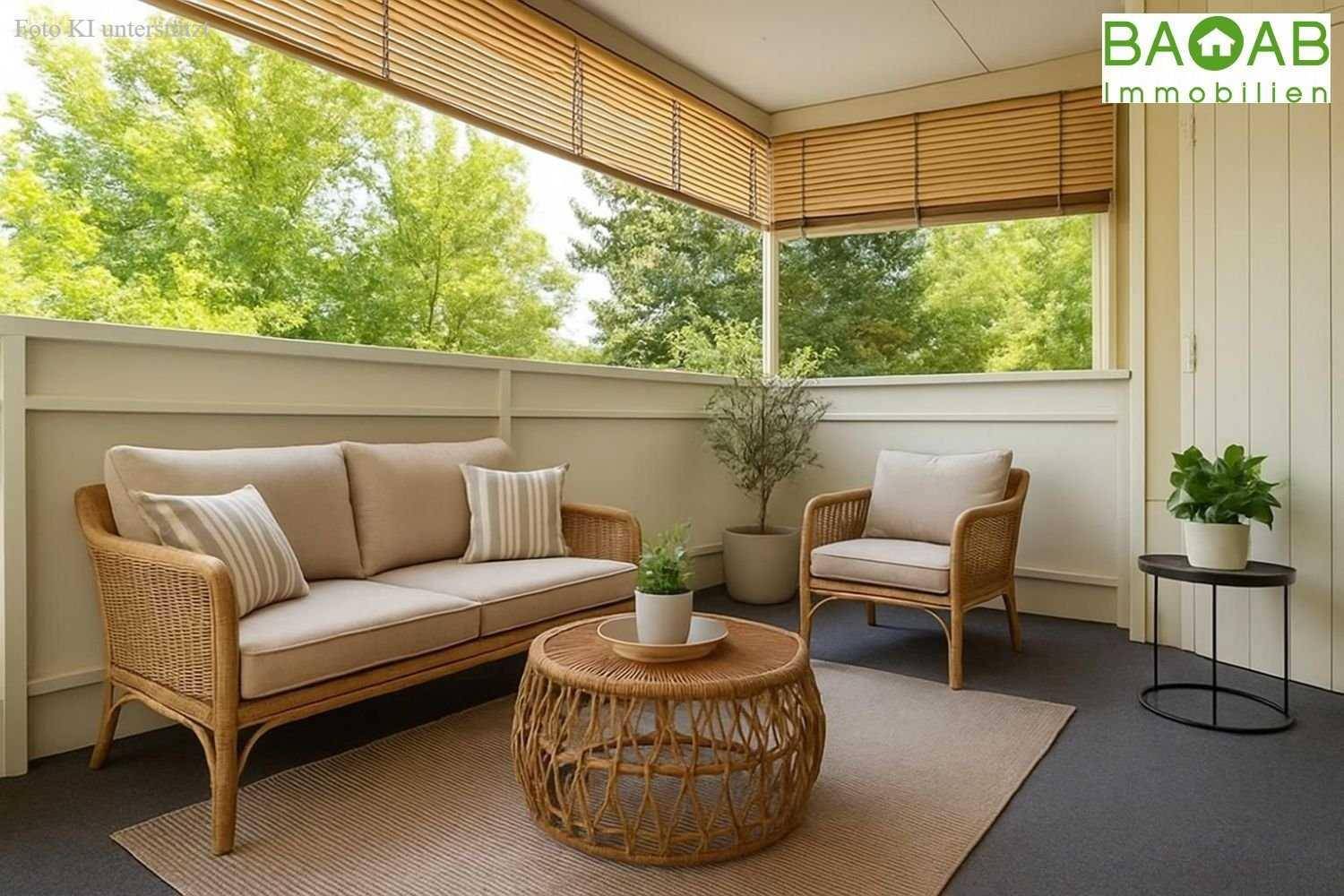 Möblierter Balkon mit Rattanmöbeln und Blick ins Grüne, perfekt zum Entspannen im Freien.