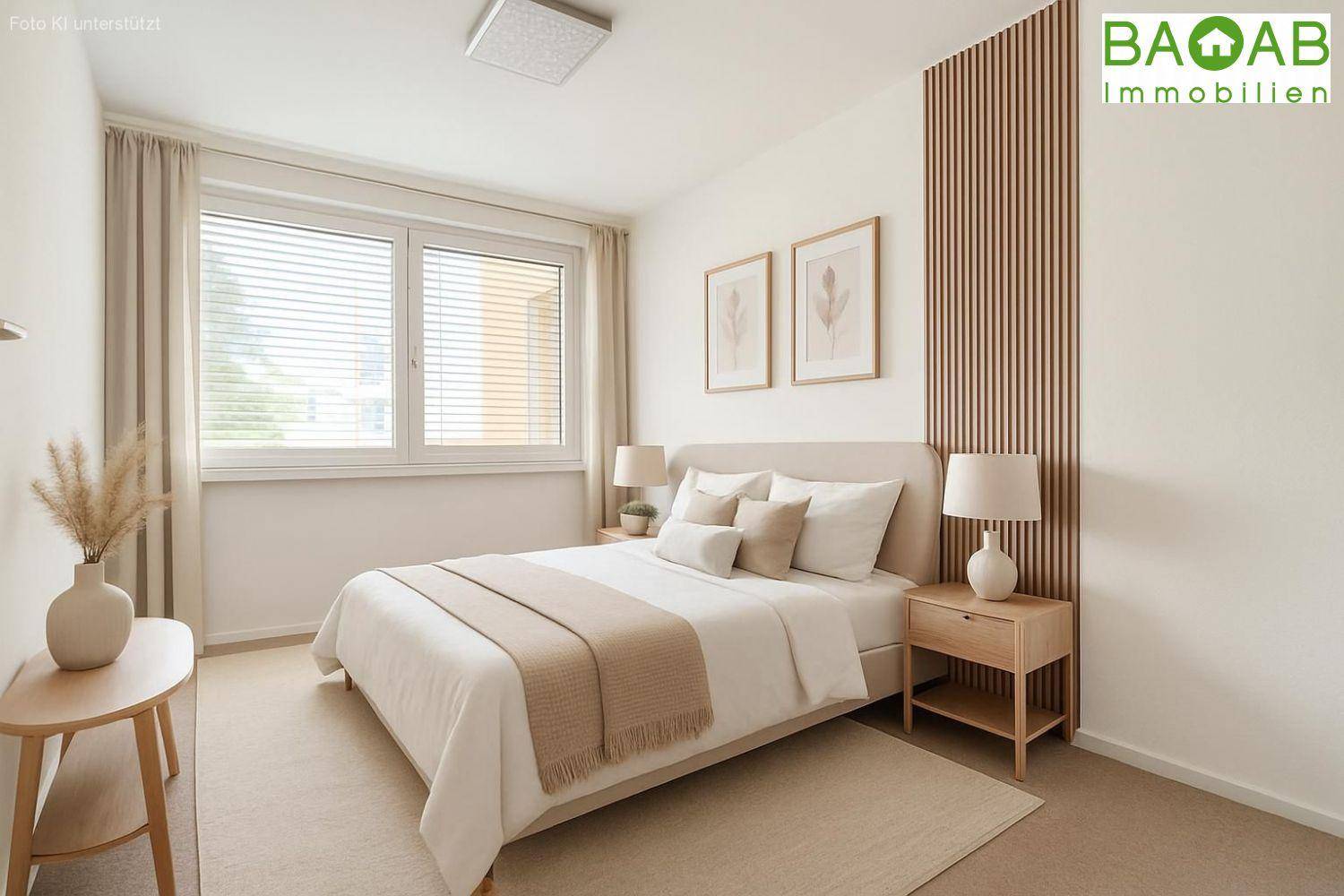 Gemütliches Schlafzimmer mit Teppichboden, großem Fenster und moderner Holzwandverkleidung.
