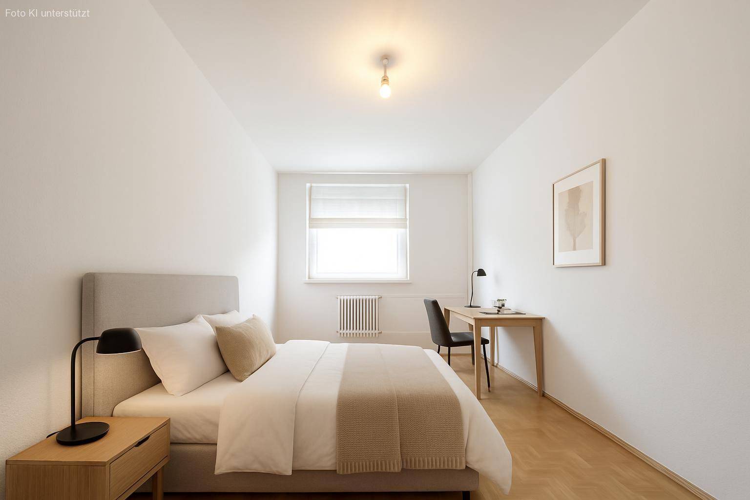 Helles Schlafzimmer mit Parkettboden, einem Bett und einem Schreibtisch am Fenster.