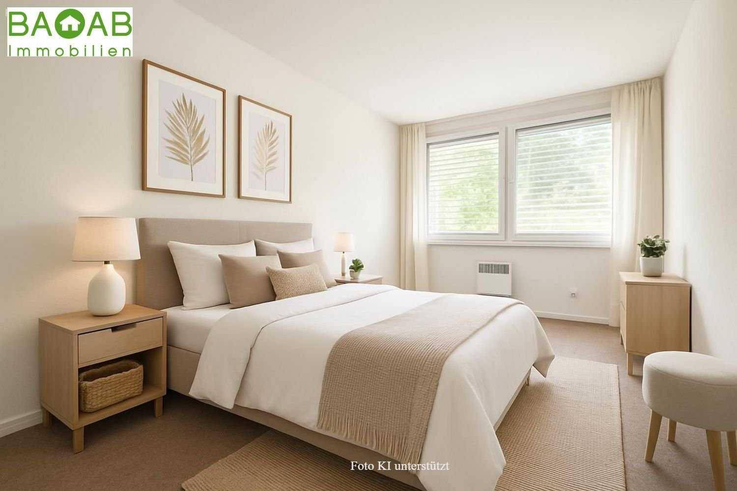 Gemütliches Schlafzimmer mit großem Bett, Holzmöbeln und Fenstern mit Jalousien für Privatsphäre.
