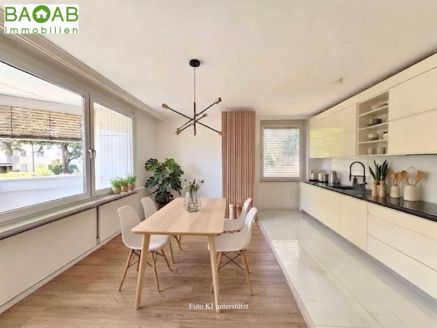 Helle Küche mit Essbereich, modernen Schränken, Holztisch und Zugang zu einem Fensterbereich.
