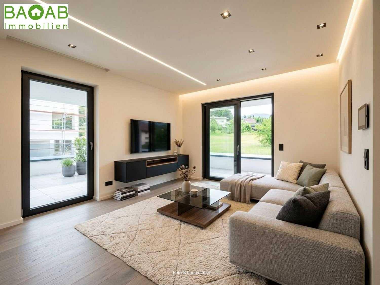 Helles, modernes Wohnzimmer mit großem Sofa, Holzboden und Zugang zur Terrasse.