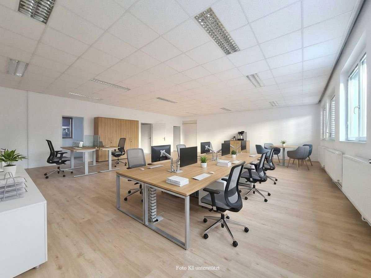 Moderner Großraumbüro-Bereich mit mehreren Arbeitsplätzen und einem Besprechungstisch, hell und einladend.
