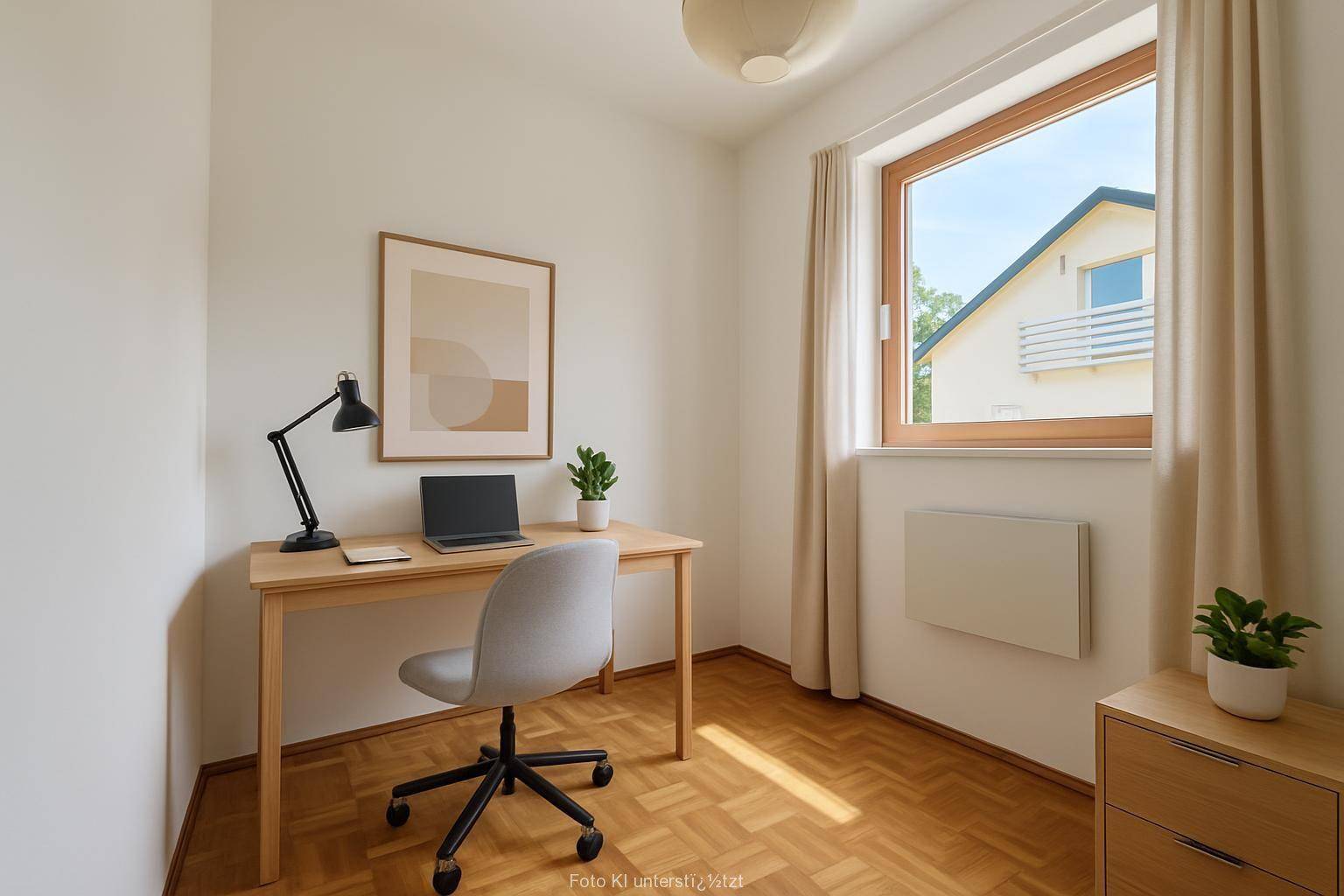 Helles Arbeitszimmer mit Parkettboden, Schreibtisch und einem Fenster für natürliche Belichtung.