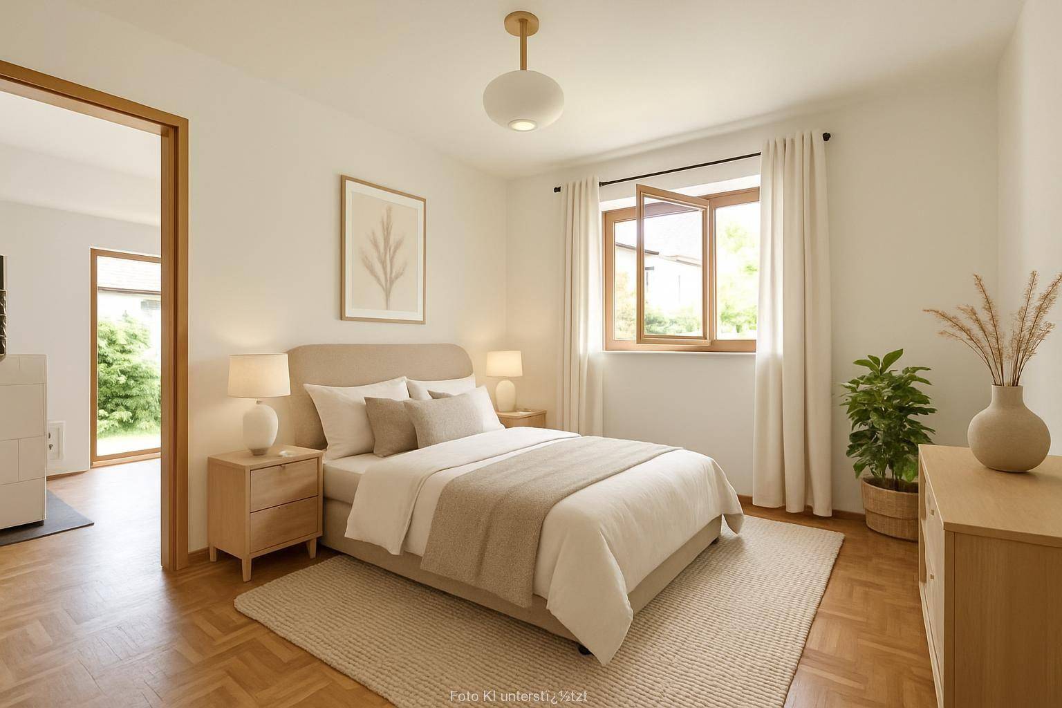 Gemütliches Schlafzimmer mit Parkettboden, hellem Mobiliar und einem Fenster mit Tageslicht.