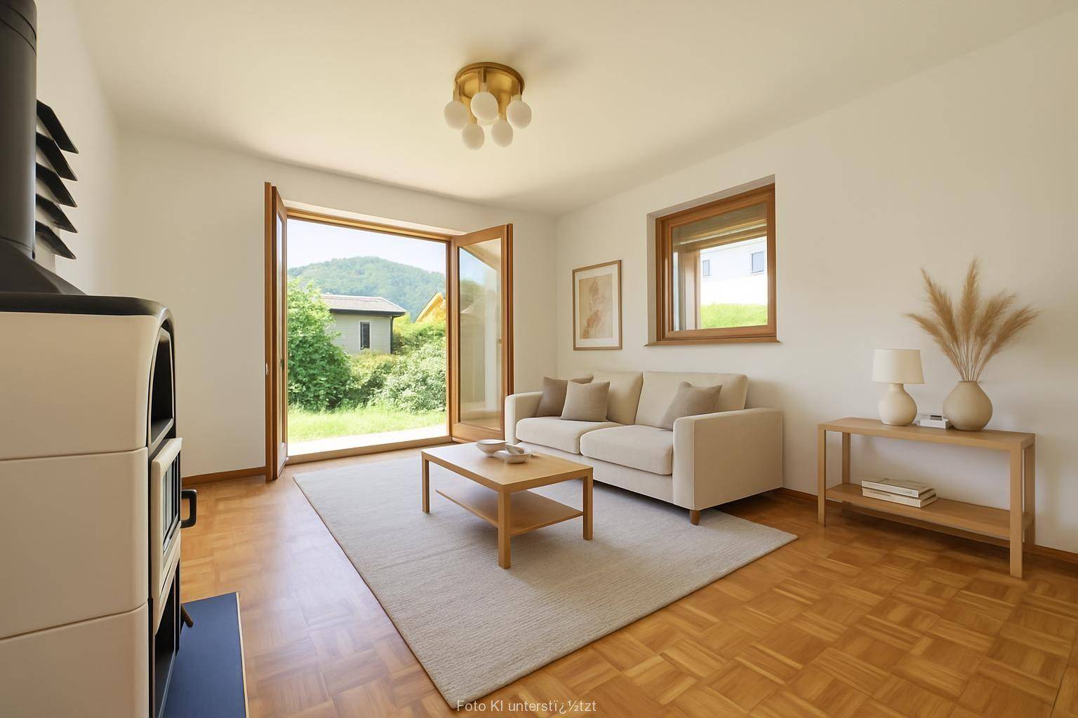 Helles Wohnzimmer mit Kaminofen, Parkettboden und Zugang zu einem grünen Außenbereich.